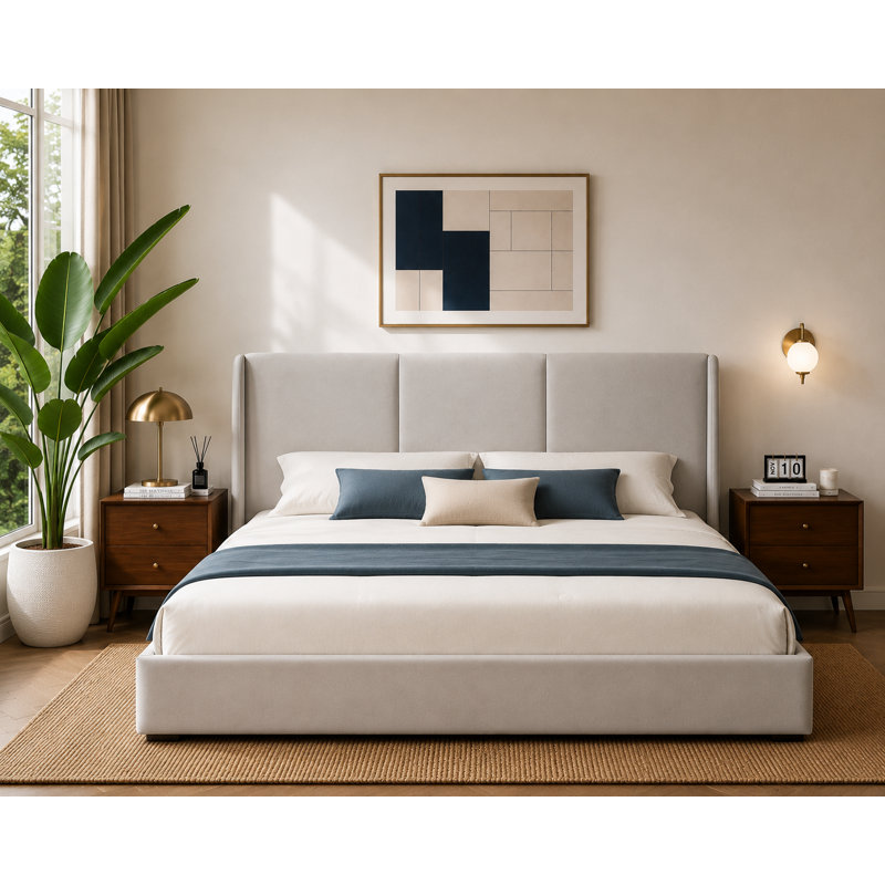Juanetta Hydraulic Lift Up Storage Wingback Upholstered Platform Bed, Greige, California King