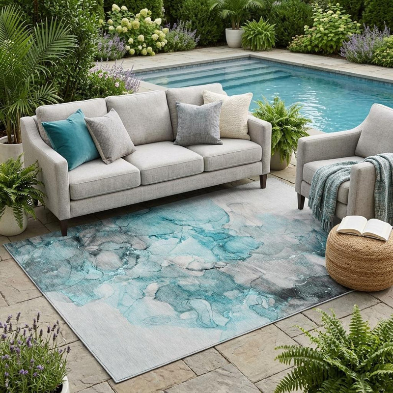 Tapis extérieur lavable antidérapant abstrait bleu sarcelle 5 pi x 8 pi