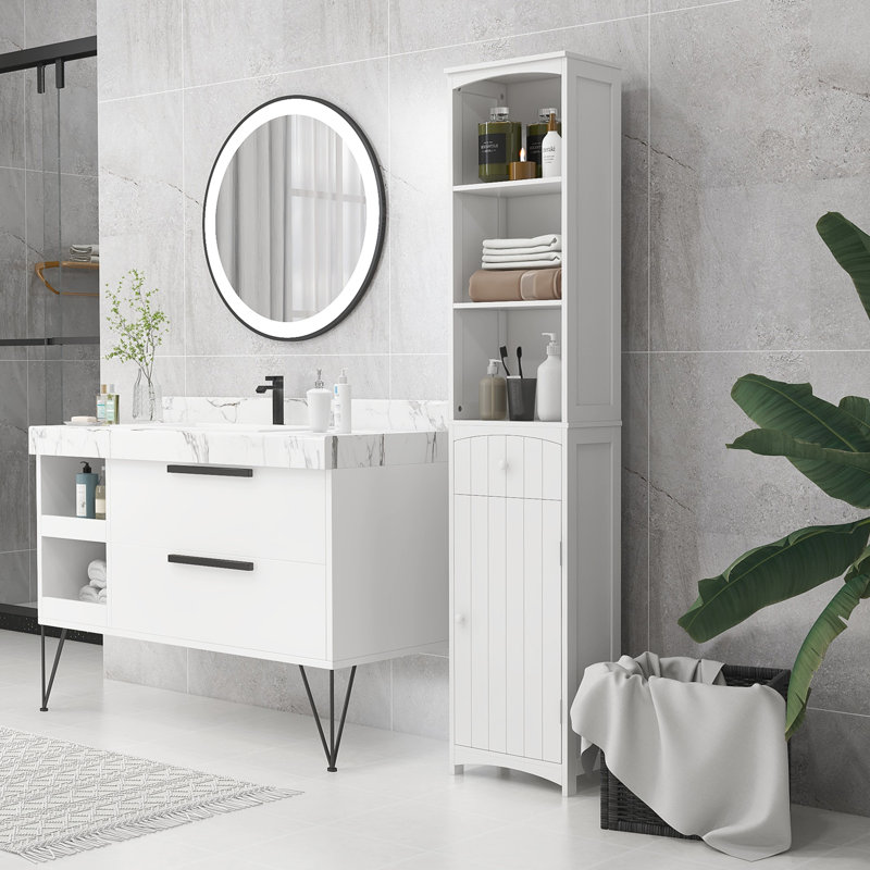 Armoire de rangement pour salle de bain, grande tour à linge avec tablettes et tiroir