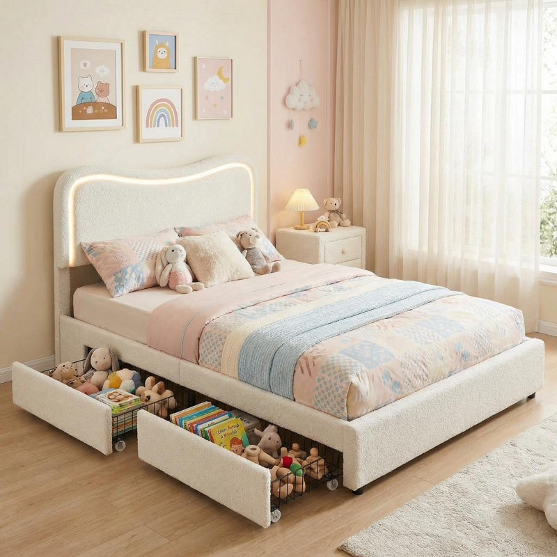 Boucle Full Bed Frame with 2 Storage Drawers, Upholstered Platform Bed with LED Headboard, Solid Wood Slats Support, No Box Spring Needed for Kids, Teens