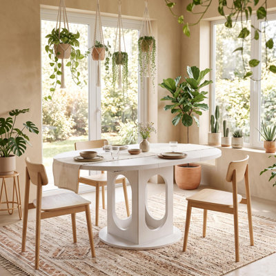 Extendable Dining Table Converts From Round To Oval, Mid-Century Modern Farmhouse Style, Seats 4 To 8 People For Dining Room Gatherings, With Stable Base and Adjustable Leveling Feet, White