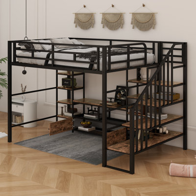 Full Size Loft Bed (Metal Frame): Staircase + Desk + Storage Shelves