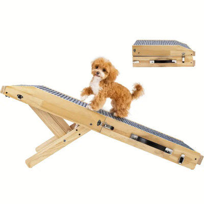 Wood Dog Ramp For Bed, 5-Level Adjustable Height (10" To 21") Pet Ramp With Non-Slip Surface For Couch, Bed And Car, Foldable Dog Stairs For Small, Medium To Large Dogs, Up To 200LBS