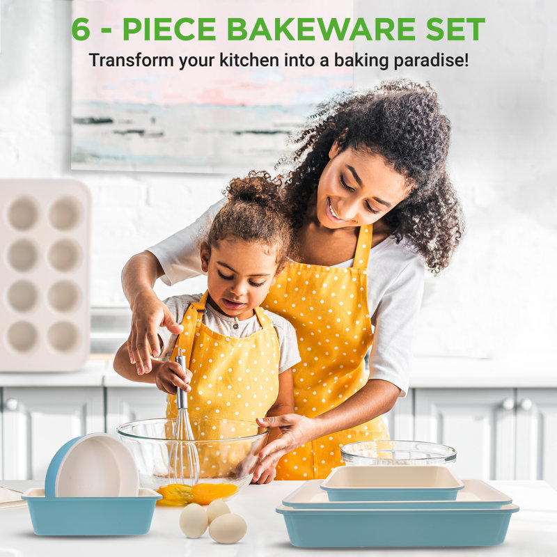 NutriChef 6-Piece Turquoise and White Ceramic Baking Pan Set