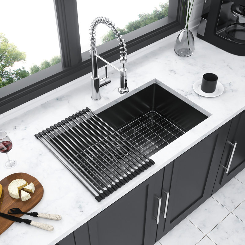 Évier 32 po x 19 po en acier inoxydable noir, 10 cuves simples très profondes, avec surface facile pour l'hygiène sous le comptoir, support pliable pour cuve de calibre 16
