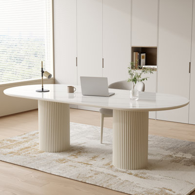 78" Modern Oval Writing Desk,Glossy White Office Table,with Double Solid Wood Legs
