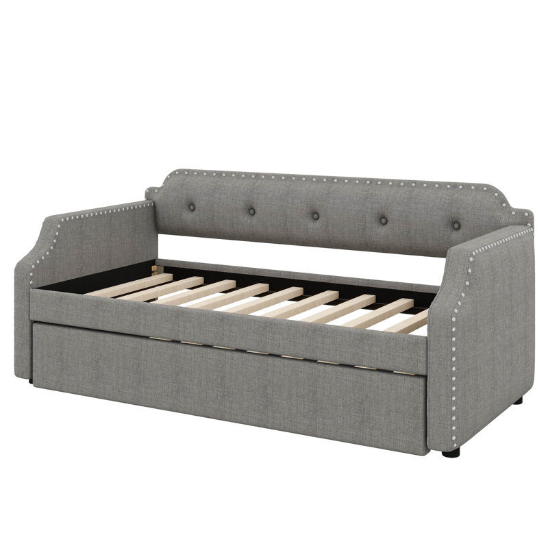Twin Size  Linen Upholstered Daybed Sofa Bed With Pull-Out Trundle Design, Gray