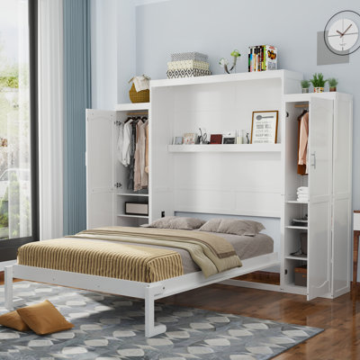 Lit escamotable double avec 2 garde-robe et tablette de rangement, cadre de lit plateforme pliable multifonctionnel pour chambre d'amis, chambre à coucher, blanc