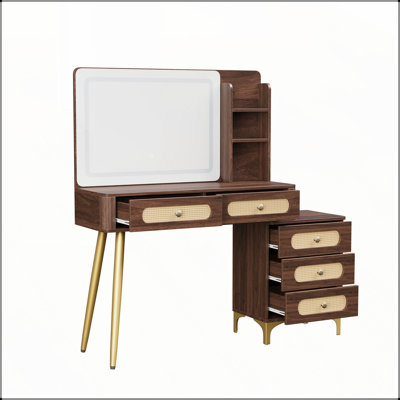 47 inch Vintage Makeup Vanity Mirror Lights 5 Drawers Storage Shelf Rattan Design 3 Color Modes Dressing Table