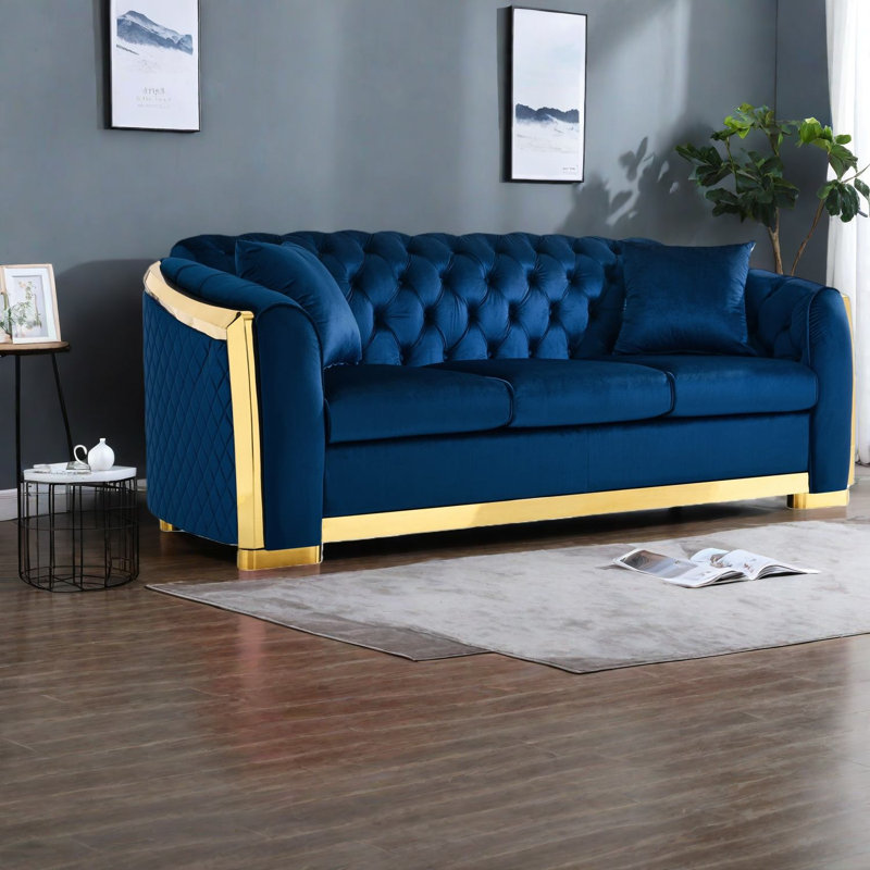 Canapés modernes de 81 pouces, Chesterfield en velours bleu marine et acier doré pour la maison