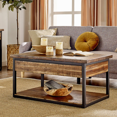 Sturminster 42" Wide Rustic Industrial Solid Wood Metal Frame Rectangular Coffee Table With Storage