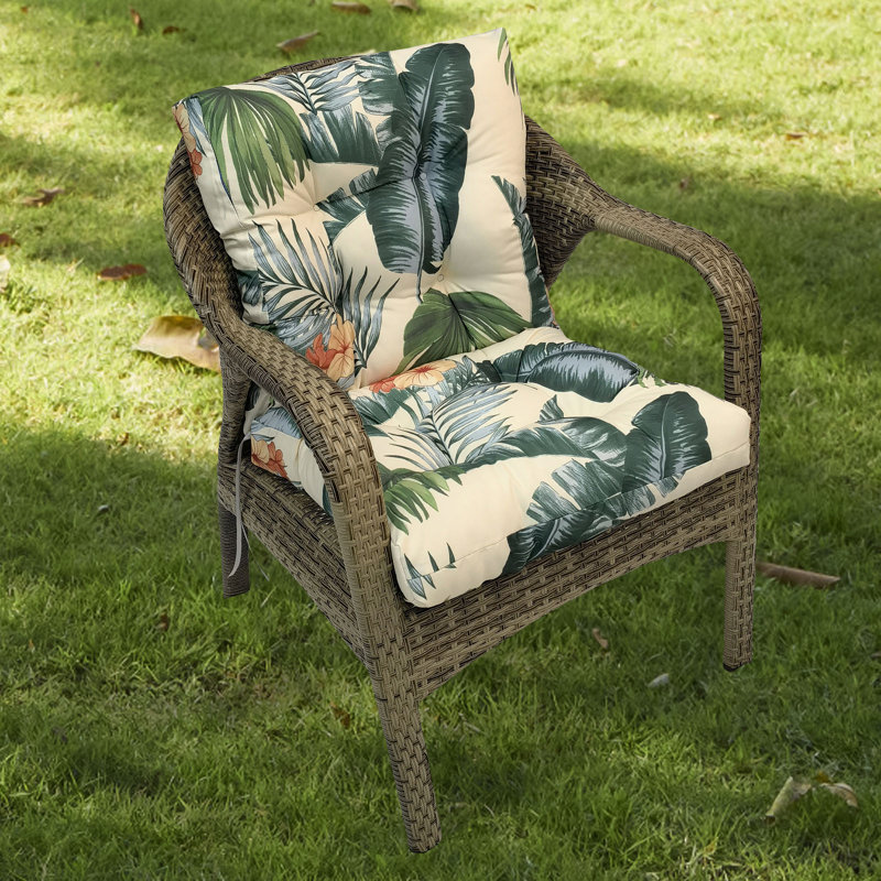 Outdoor Seat/Back Chair Tufted Cushion,All-Weather Patio Chair Cushion With Ties,For Patio Furniture, Cream/Green