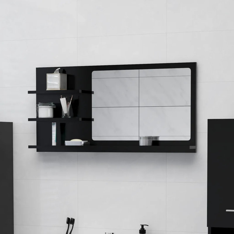 Adji Flat Mirror with Shelves, Black, 45cm x 90cm