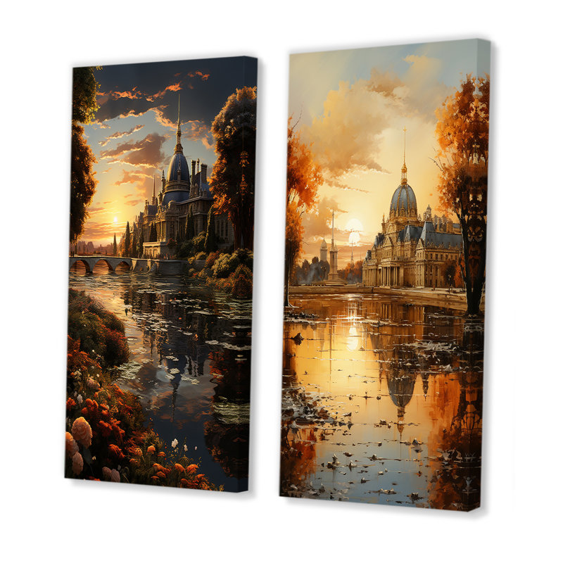 Coucher de soleil sur la seine à Paris - ensemble d'art mural sur toile paysage 2 pièces, Toile tendue, H 28 po x l 25 po