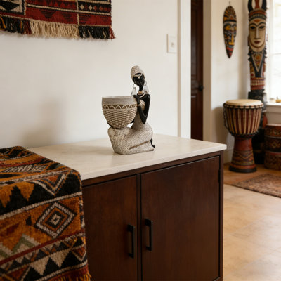 9.65-Inch Handmade African Tribal Sculpture With Earrings And A Hand-Held Basket Statue, Resin Home Decor Suitable For Modern Shelves/Tables, Elegant Housewarming Gift