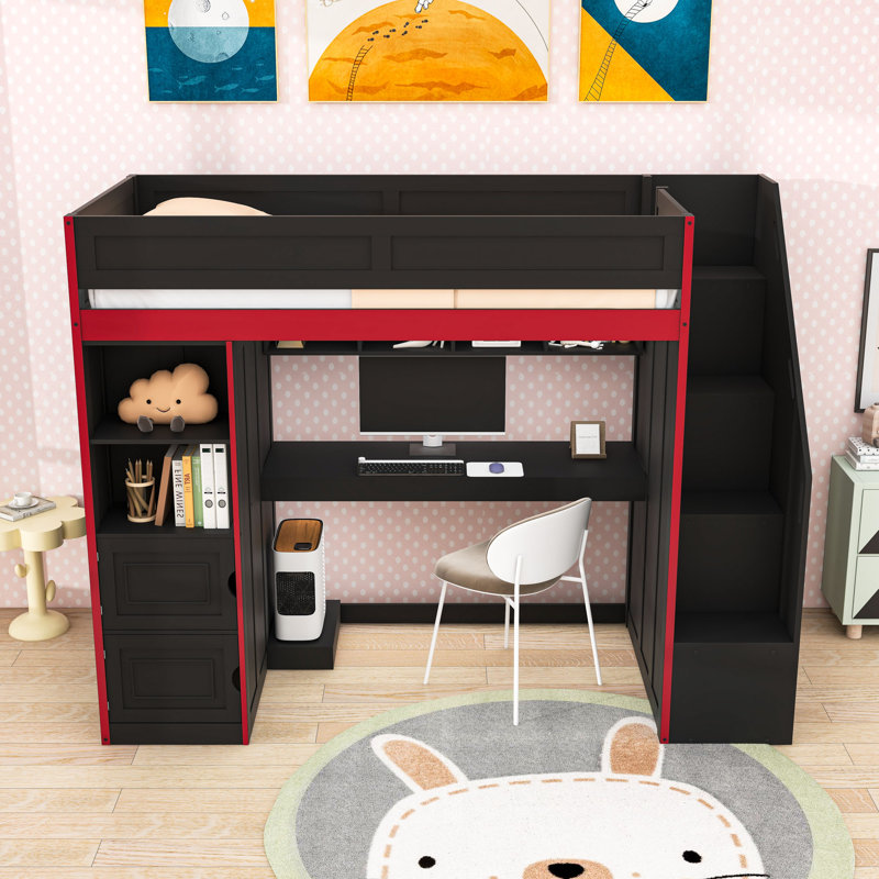 Lit mezzanine en bois avec bande à DEL, garde-robe, escalier et bureau, Lit simple