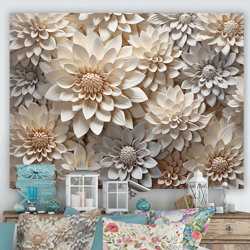 «Pure White Chrysanthemums Magic III - Chrysanthemums Wall Art Living Room», 34" H x 44" W, Toile tendue