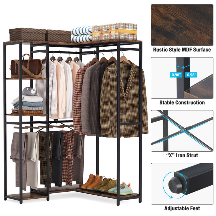 Freestanding L-Shape Closet Organizer,47.24 W Closet Corner System, 4-Tier Clothing Garment Rack with 4 Hanging Rods - Brown