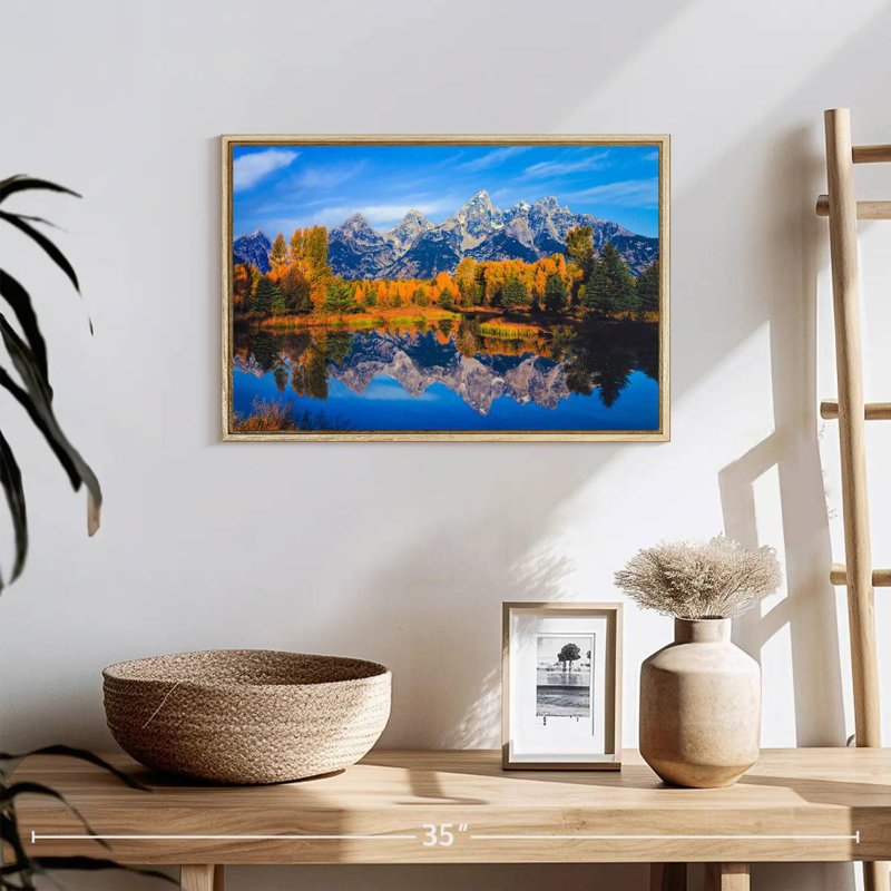 Feuillage doré Grand Teton, 19 po x 13 po, Cadre flottant en bois naturel