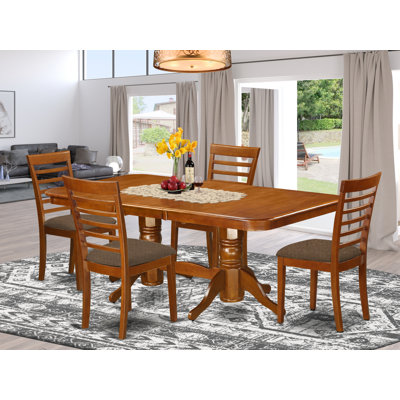5 Piece Set Includes a Rectangle Kitchen Table with Butterfly Leaf and 4 Linen Fabric Upholstered Dining Chairs, Saddle Brown