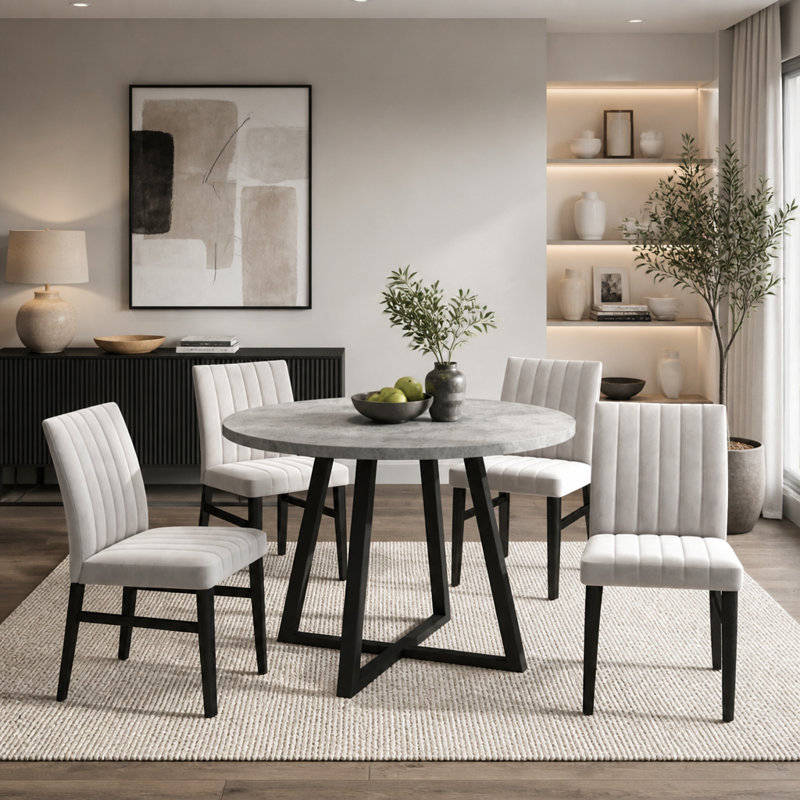 Ensemble de salle à manger 5 pièces, table à tréteaux ronde et 4 chaises rembourrées, gris et brun clair, Tan
