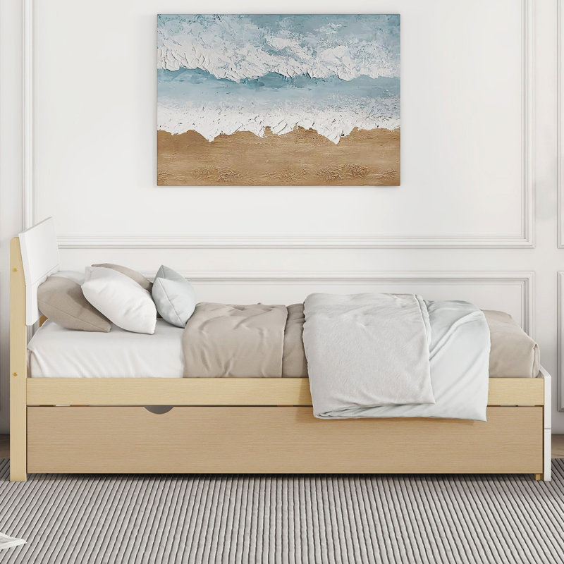 Lit simple contemporain avec tête de lit blanche ultrabrillante et cadre de lit gigogne en chêne, White/Light Oak