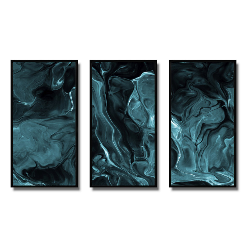 «Turquoise Creative Abstract Dark I», ensemble d'art mural sur toile moderne encadré de 3, Noir, H 28 po x l 36 po