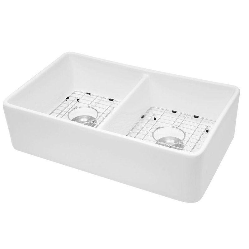 32" L x 20" W Ceramic Farmhouse Apron Double Bowl(50/50) Kitchen Sink Undermount Rectangular Porcelain Kitchen Sink with Bottom Grid and Basket Strainer