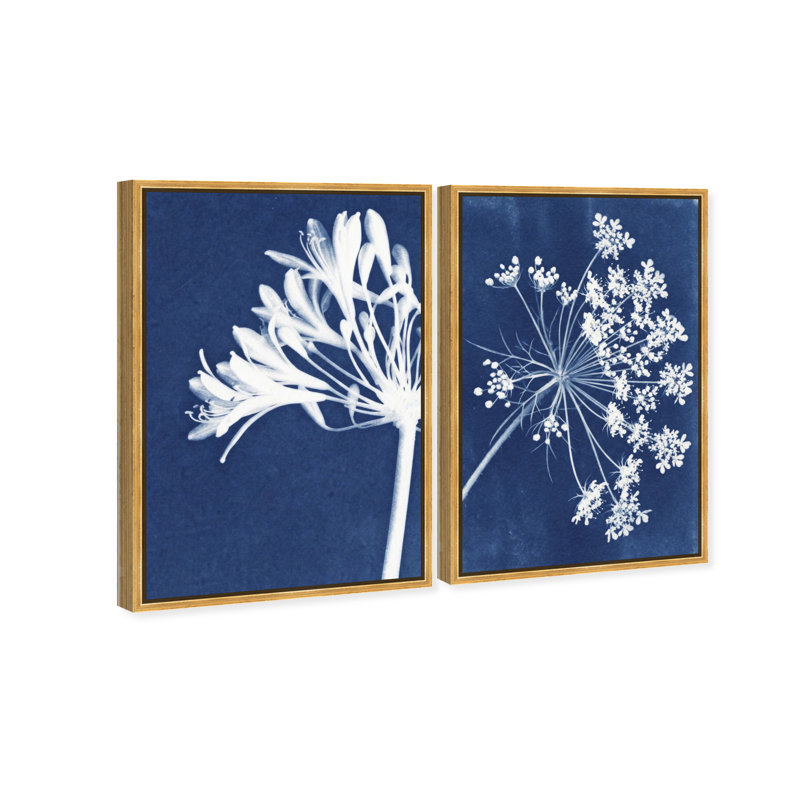 Cyan Flowers Set Set by Oliver Gal, 31"H x 46"W, Gold Floater Frame