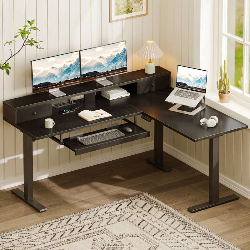 Height-Adjustable L-Shaped Standing Desk with Fabric Drawers, Electric Corner Computer Desk with Keyboard Tray,Home Office Desk with Space-Saving Work Surface,Stand-Up Desk with Monitor Stand