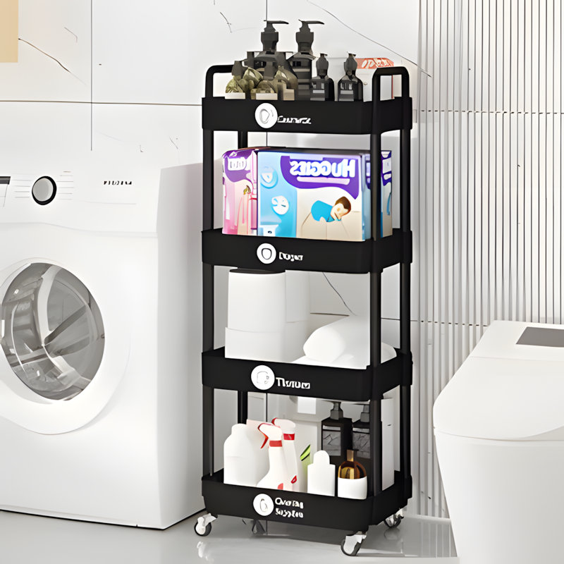 4-Tier Rolling Storage Cart With Lockable Wheels, Multi-Purpose Mobile Organizer For Kitchen, Bathroom, Laundry Room, Includes Classification Stickers