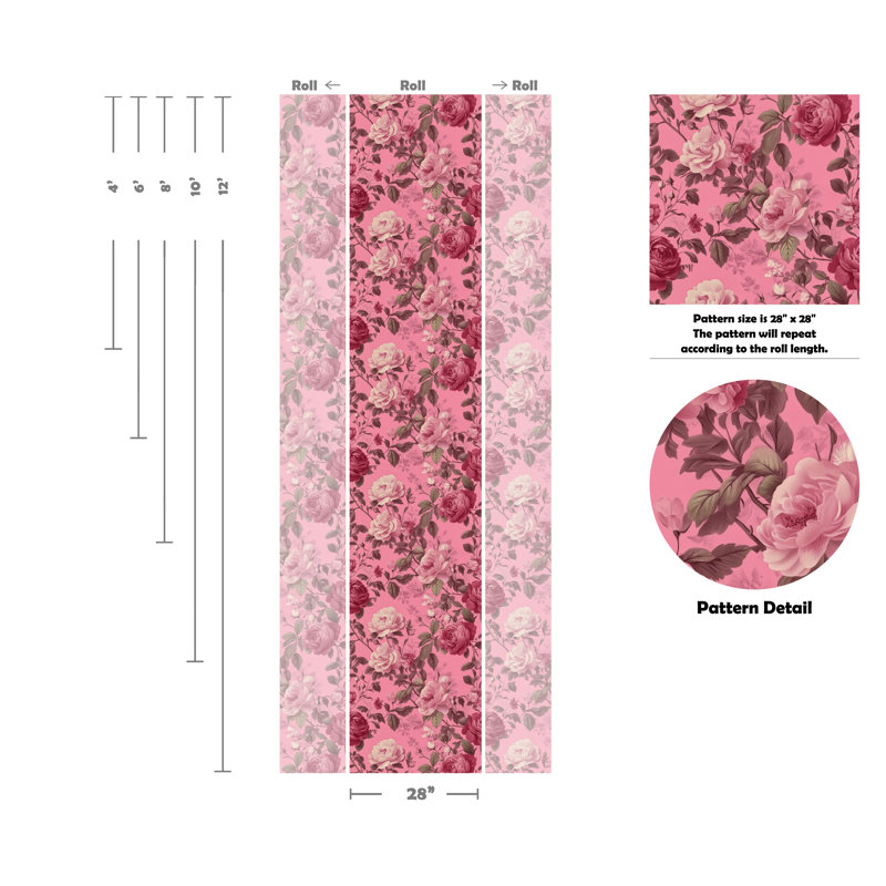 Papier peint amovible floral romantique sur fond rose romantique, L 120 po x l 28 po