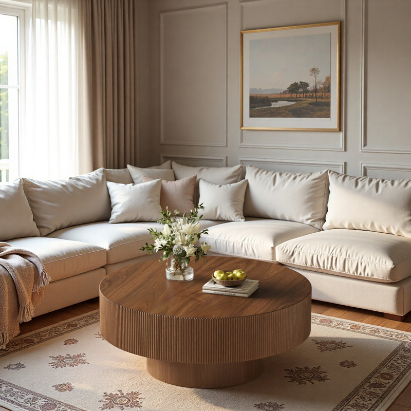 Table basse ronde avec rainures, plateau de table épais et base cylindrique