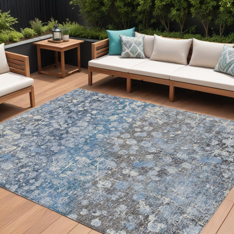 Tapis d'extérieur lavable abstrait bleu et gris 10 pi x 14 pi