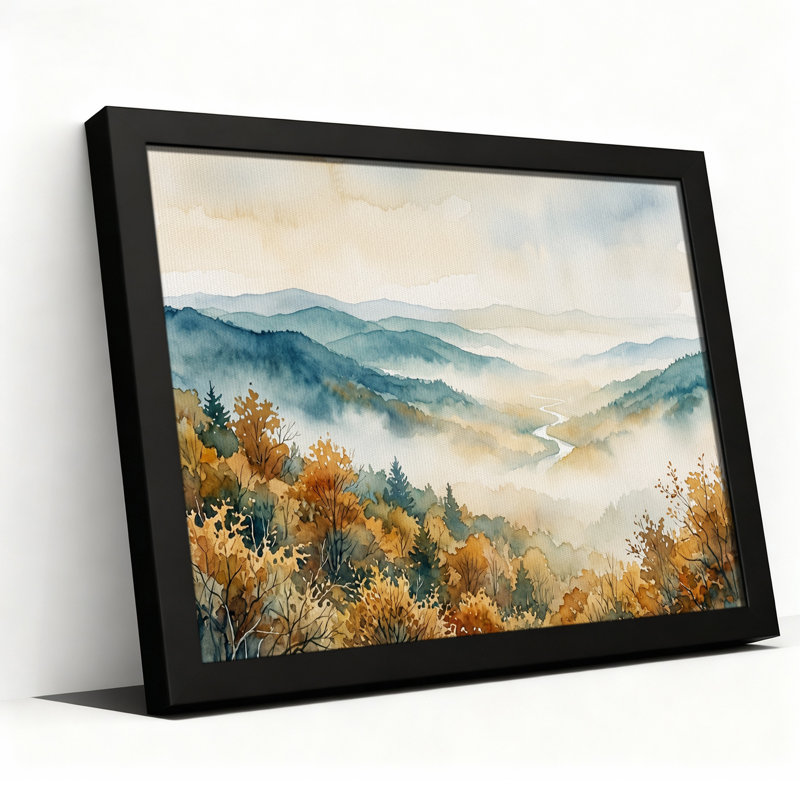 Tableau mural à l'aquarelle sur toile représentant la vallée de la rivière brumeuse et les montagnes d'automne, 20"H x 30"W