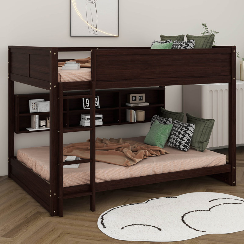Queen Over Queen Bunk Bed With Storage Cabinets, Solid Wood Bunk Bed With Charging Station, Ladder And Safety Guardrails