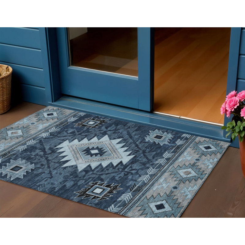 Tapis intérieur/extérieur lavable, bleu ivoire et anthracite, motif tribal, 90 x 150 cm