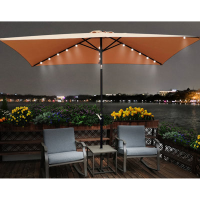 Parasol rectangulaire 10X6.5Ft avec lumières solaires - Brun, auvent imperméable, fonction d'inclinaison pour la piscine extérieure