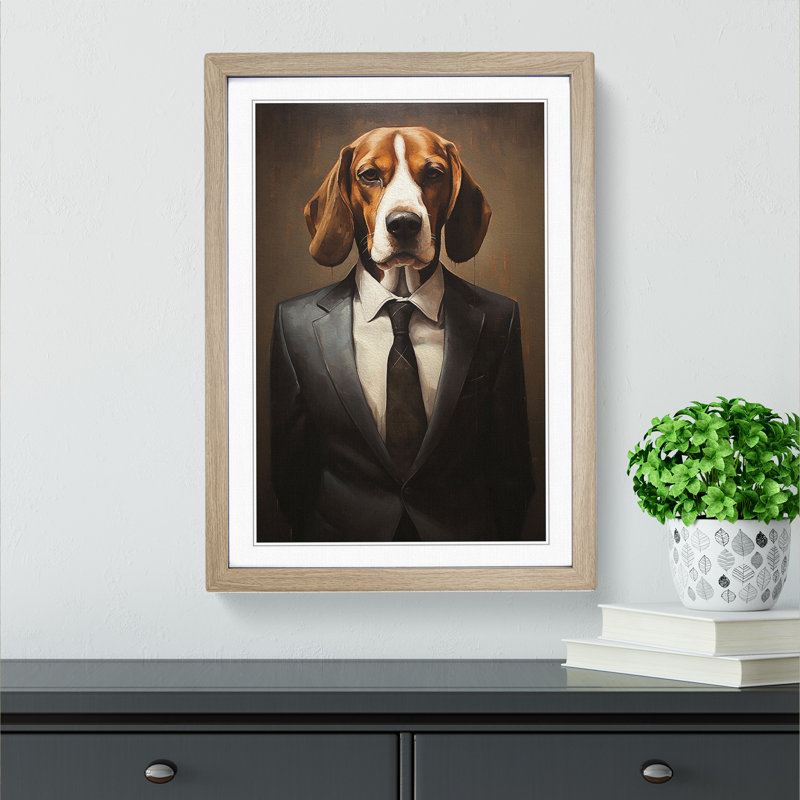 Beagle In A Suit - Single Picture Frame Print on Wood, 64cm H x 46cm W x 2cm D, Oak Framed