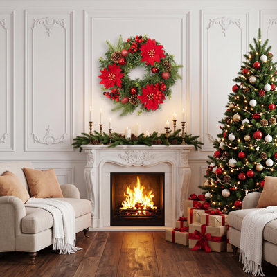 16 Inch Artificial Christmas Wreath with Baubles, Pine Cones, Berries