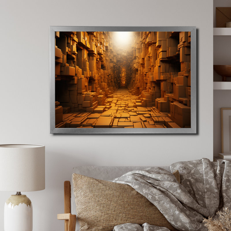 Tunnel géométrique jaune I sur toile, H 16 po x l 32 po x P 1 po, Cadre simple argenté