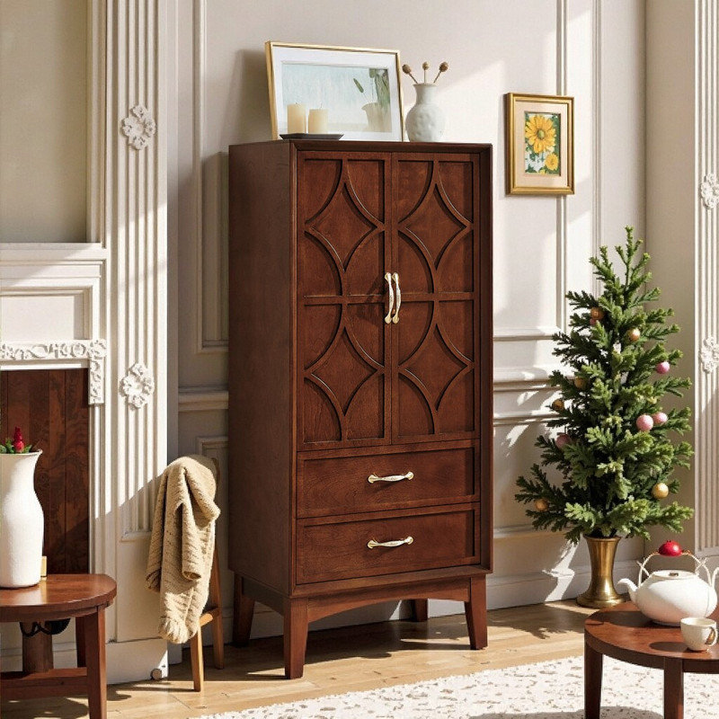 Armoire de rangement pour garde-manger 53,5 po avec portes et tiroirs en bois massif et panneau de fibres à densité moyenne de style Mid-Century