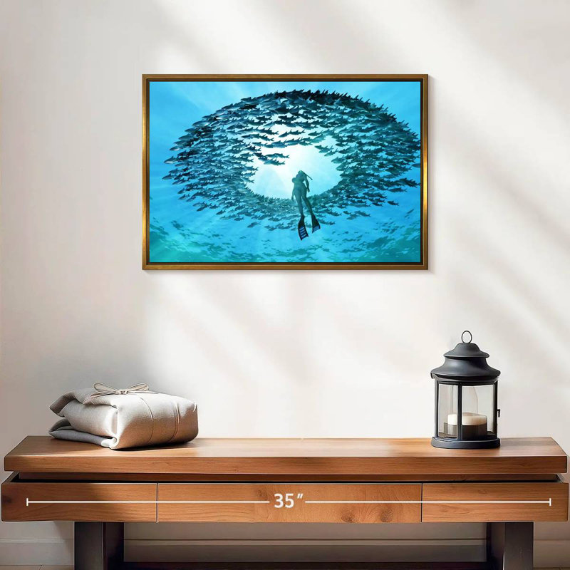 Plongée avec des poissons, Cadre flottant doré, 19 po x 13 po