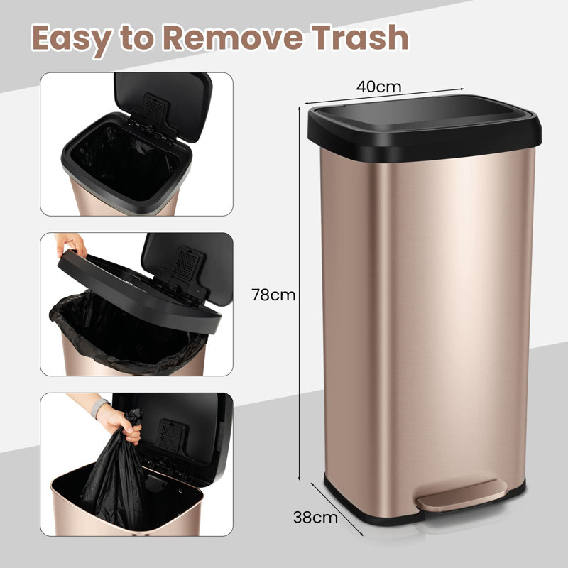 68L Recycling Pedal Bin Stainless Steel Kitchen Bin With Soft Close Lid Handle, Gold