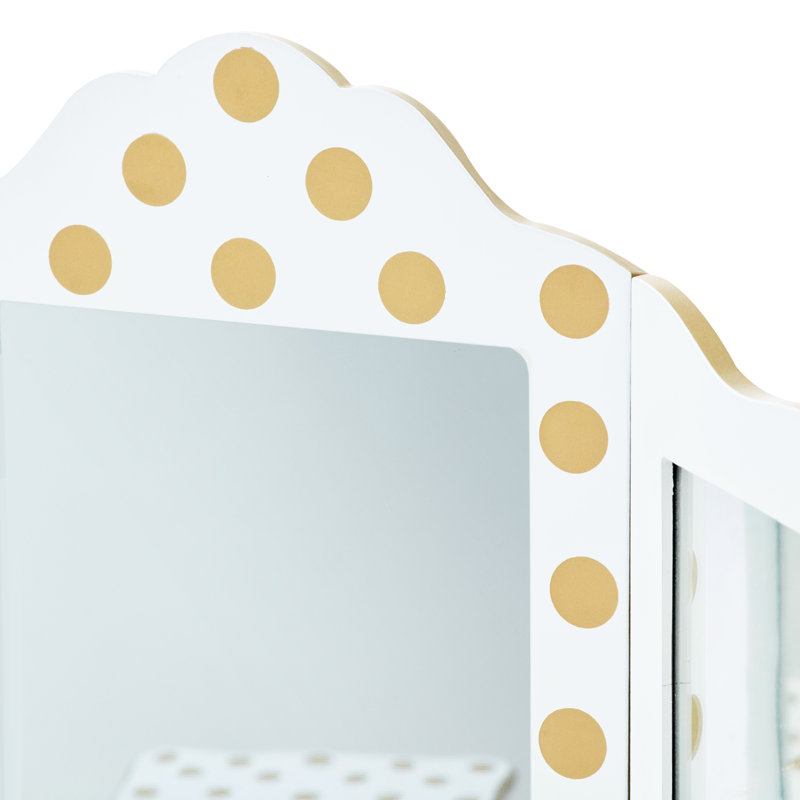 Ensemble de coiffeuse en bois Teamsis pour enfants avec miroir à trois volets, tiroir de rangement, tabouret assorti et table de maquillage pour enfants de 3 ans et plus