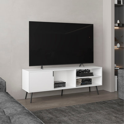 Vulcan 63" Wide Tv Stand With One Cabinet, Three Open Shelves, Cable Management, Living Room, Tv Room White