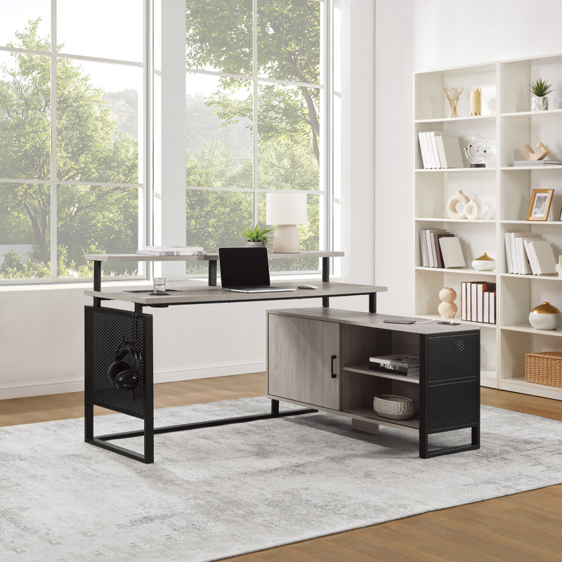 Bureau en L avec étagère Pierrine, Gris taupe / noir mat