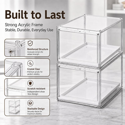 Lot de 2 boîtes de rangement transparentes empilables avec plateaux blancs, organisateur de présentation en PET pour sacs à main, salle de bain et placard