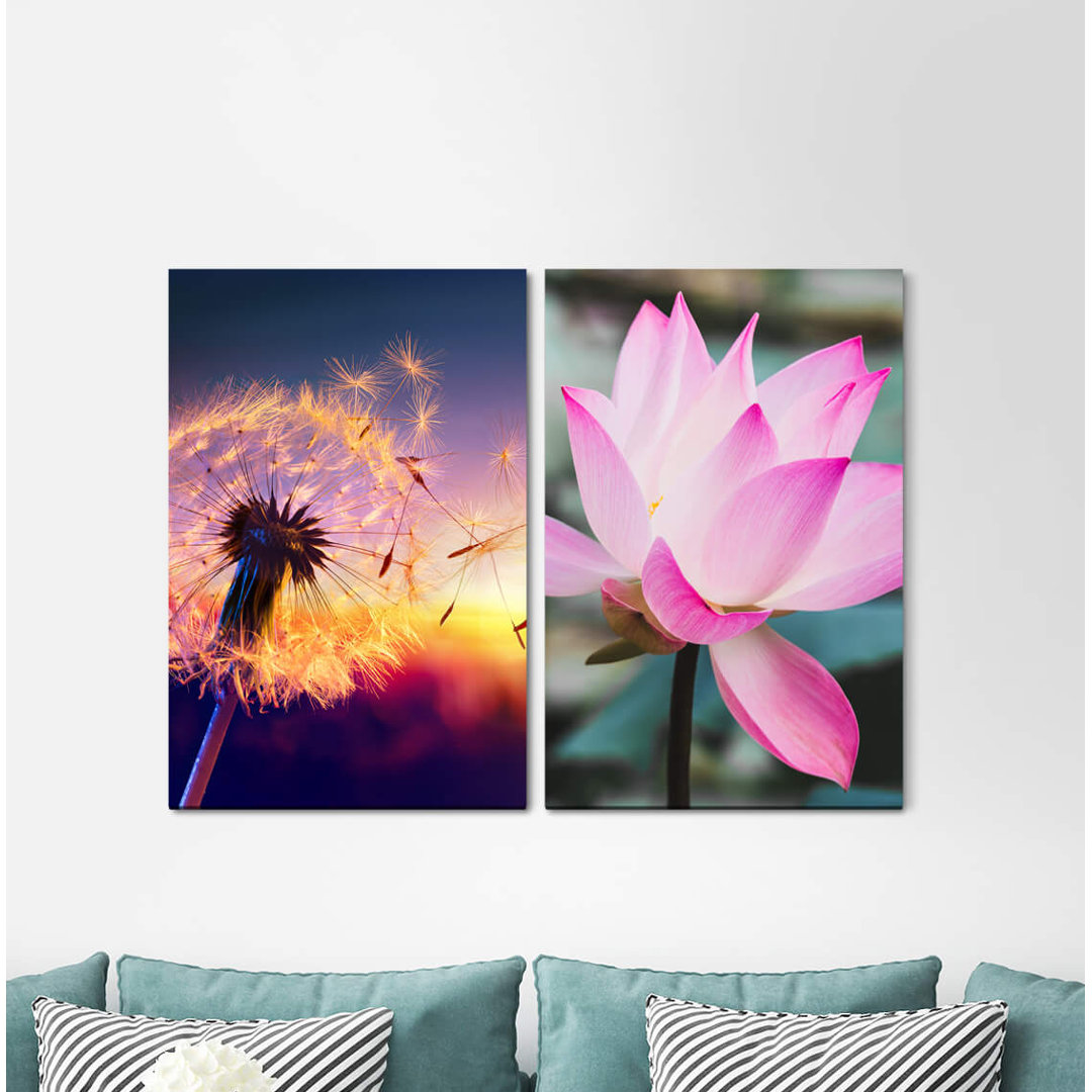 2-tlg. Leinwandbilder-Set - Fotografie „Blowball Lotus Blossom Summer Warm Sunset Positive Energy”