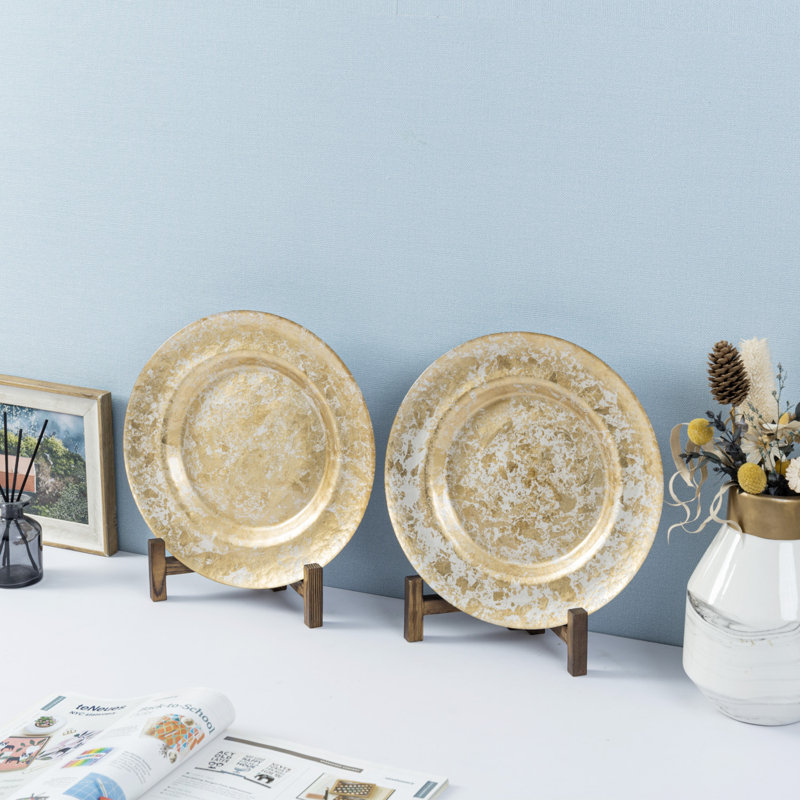 2 Piece Brown Wood Plate Display Stands